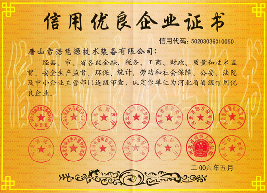河北省信用優良企業證書